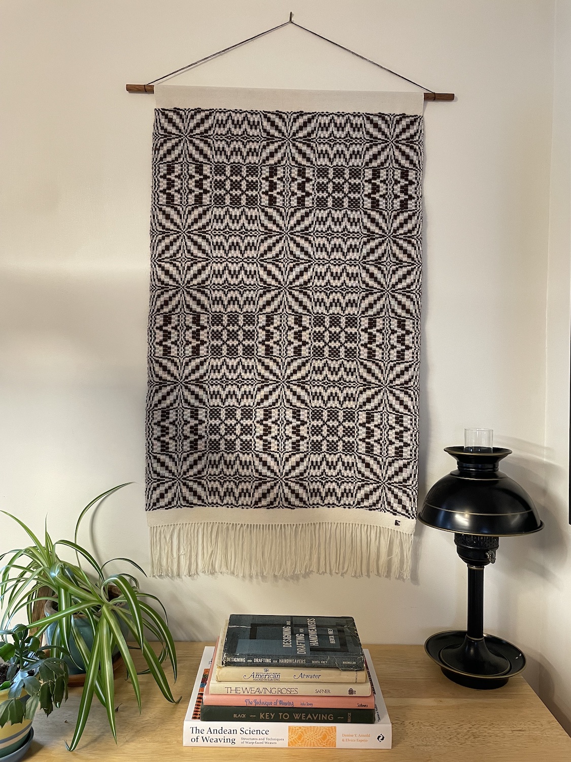 Handwoven overshot pattern textile in natural hues